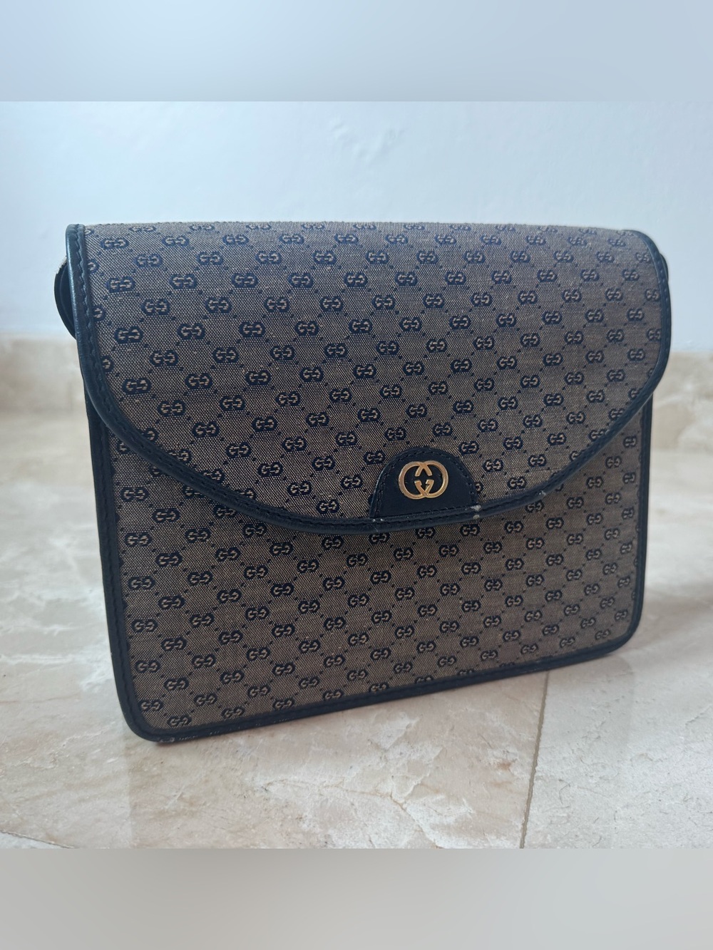 Vintage Gucci Micro GG Supreme Navy Canvas Flap Bag with Gold Logo